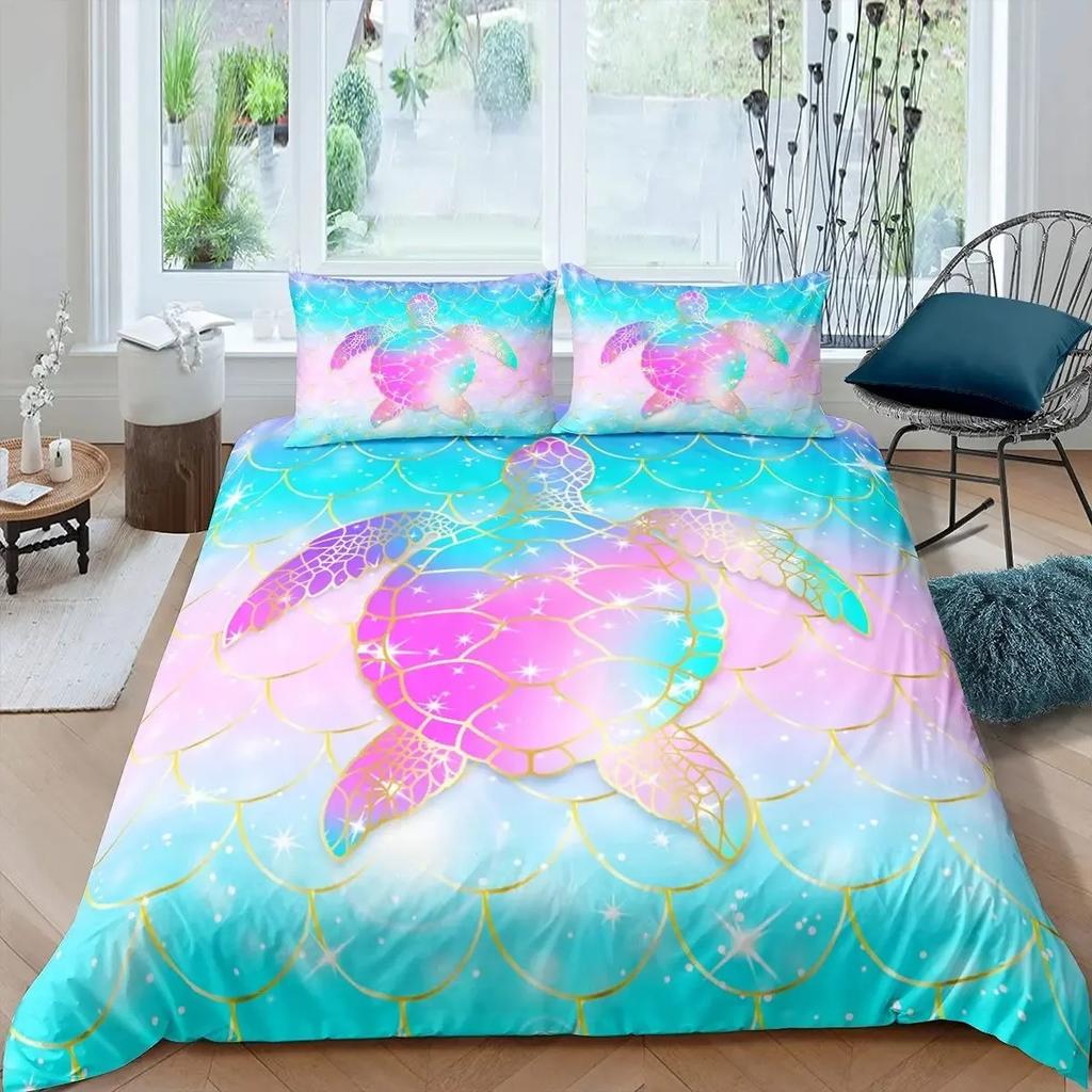 Sea Turtle Duvet Cover Set Full Size,octopus Seahorse Whale Bedding Set Teal Ocean Themed Mediterranean Style Beach Quilt Cover