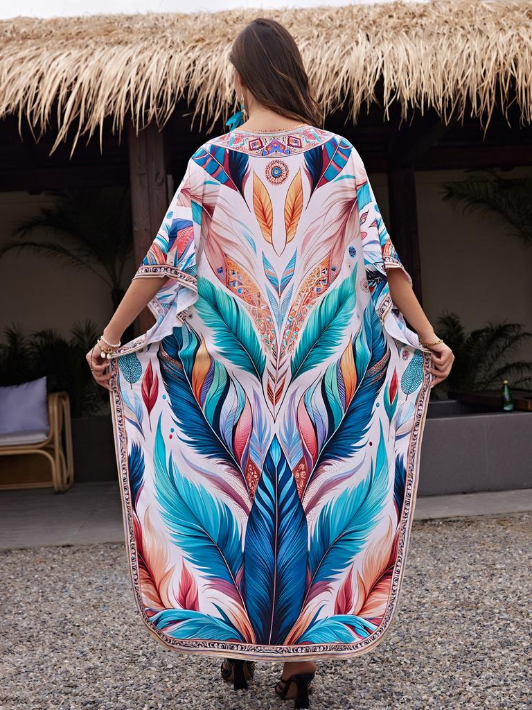Printed Beach Dresses Viscose Kaftans for Women Summer Plus Size Loose Robe Holiday Living Room Bathing Suits