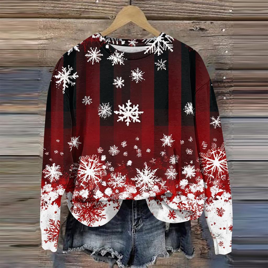 Женская мода круглый вырез пуловер длинный рукав футболка рождественский принт топ
