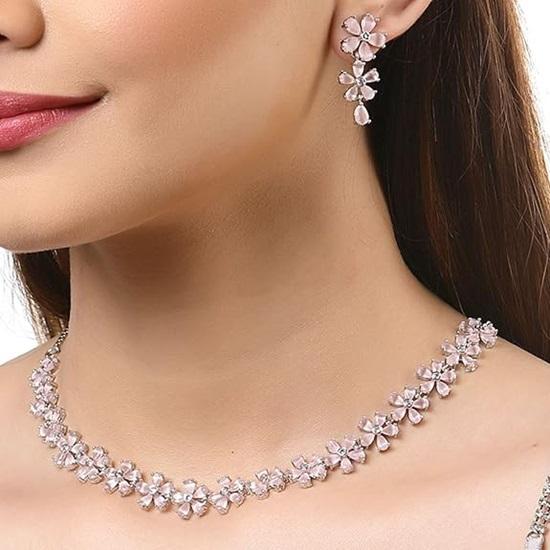 Rhodium Plated Silver Toned White American Diamond Studded Flower Shaped Jewellery Set For Girls and Women
