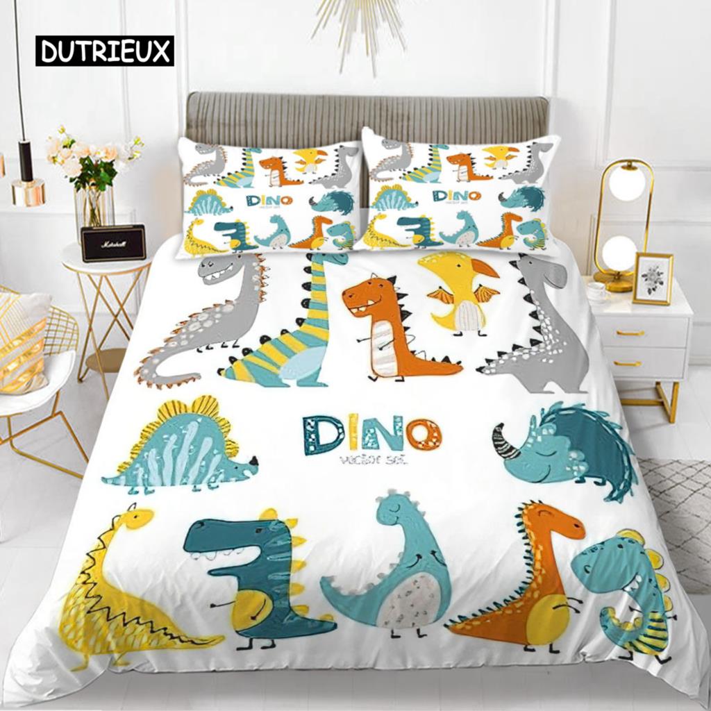 Cartoon Dinosaur Duvet Cover Set King Microfiber Cute Cartoon Dino Comforter Cover Set Jungle Animals Bedding Set for Baby Girls