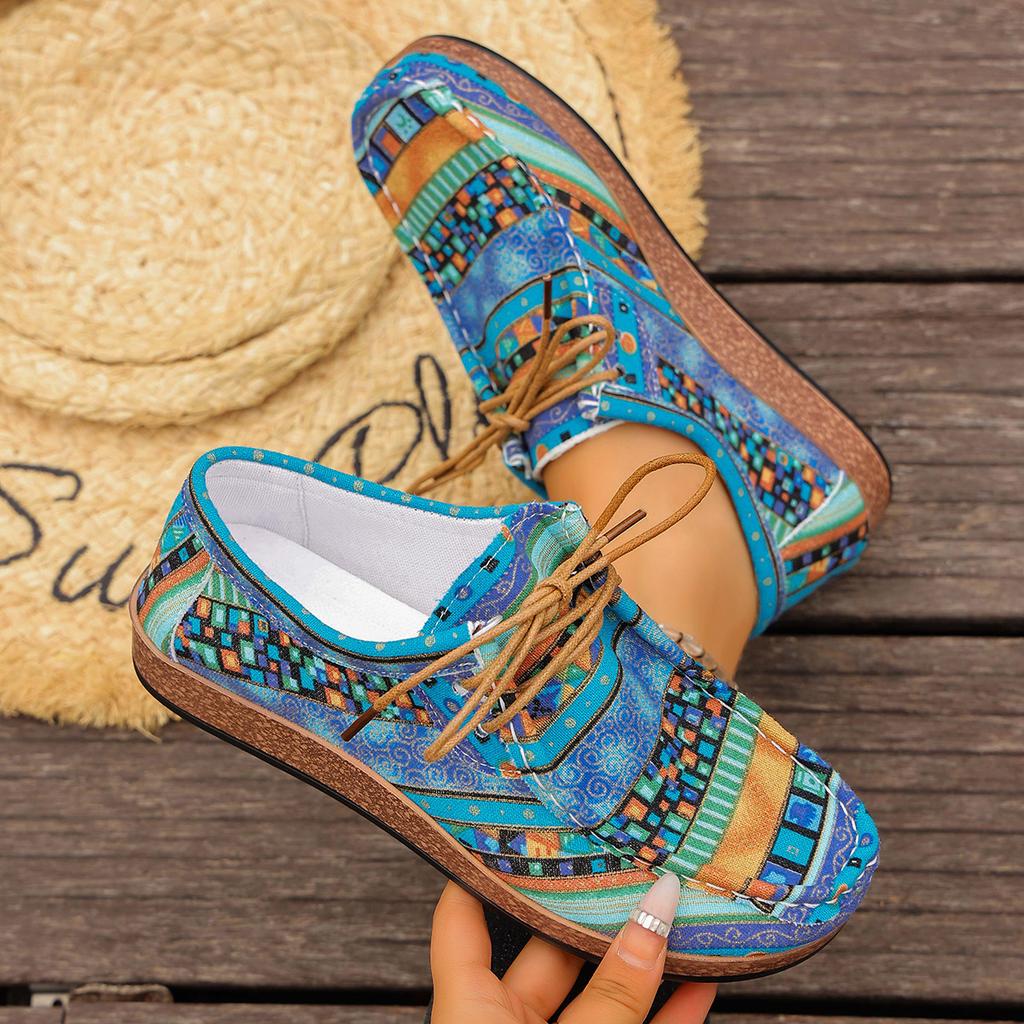 Принтованные туфли в этническом стиле на шнуровке, повседневные, 2025 осень, новинка, больших размеров, на плоской подошве, с низким верхом, для женщин