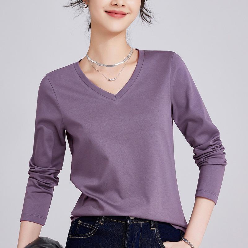 Женская базовая футболка на весну и лето, женская футболка с воротником, свободного кроя, из мерсеризованного хлопка двойной вязки, с длинным рукавом, женский топ