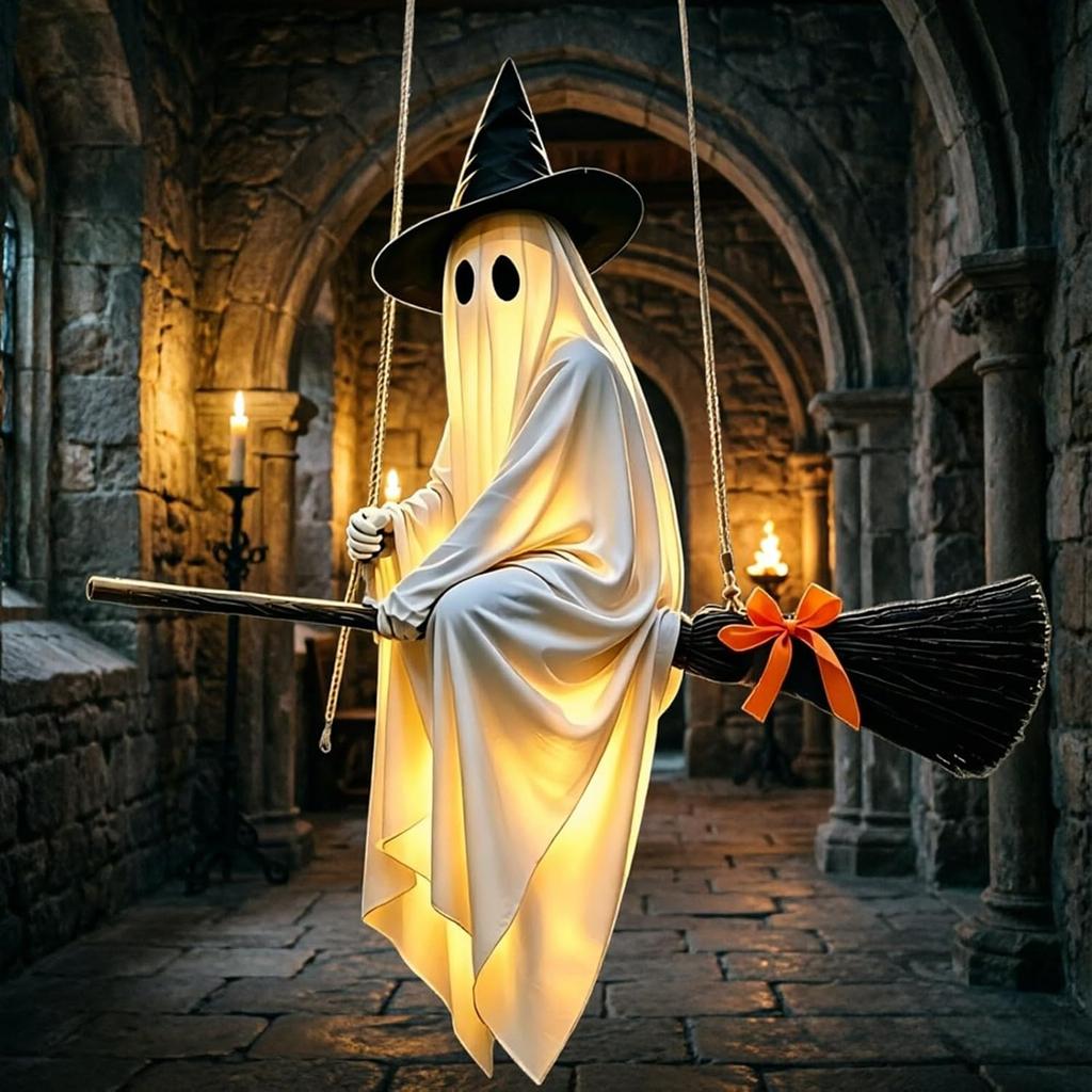 Halloween Decorations 5FT Large Hanging Flying Ghost Decor with Witch Broom for Lawn Patio Porch Backyard Front Yard Haunted House