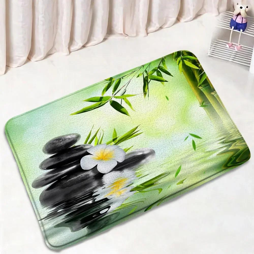 Zen Green Bamboo Bath Mat Set Natural Orchid Flower Black Stone Plant Home Carpet Bathroom Decorative Floor Rug Toilet Lid Cover