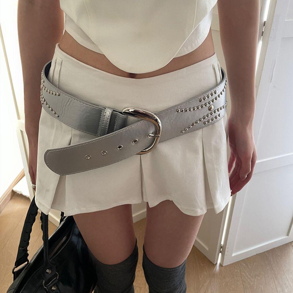 Поясной ремень с серебряными заклепками Y2K из искусственной кожи, повседневные джинсы с широким ремнем