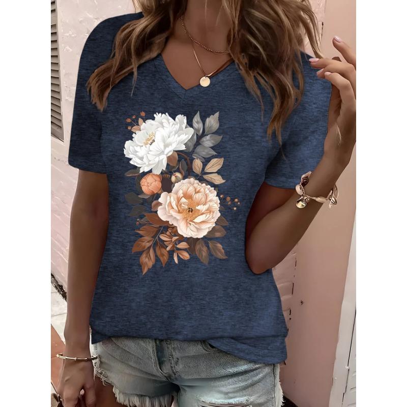 Women's T-Shirt Floral Pattern Printing Fashion Casual Oversized High-Quality Tee Shirt V-Neck Women's Clothing Summer