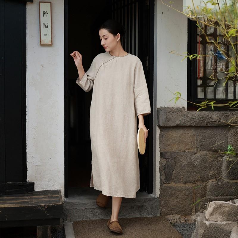 Johnature Женские платья в китайском стиле с круглым вырезом и девятью рукавами, однотонные, весенние, на пуговицах, винтажные, свободные, А-силуэта