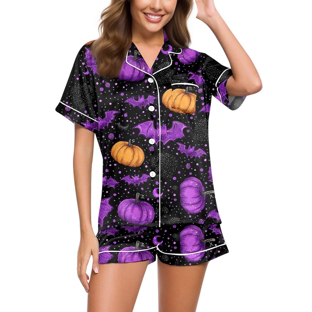 Женский повседневный модный домашний костюм с принтом на Хэллоуин, с коротким рукавом