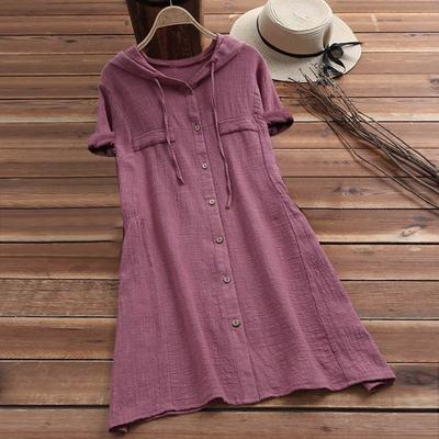 Модное женское платье из хлопка и льна с искусственным карманом и шнурком с капюшоном и короткими рукавами, однотонное платье на пуговицах