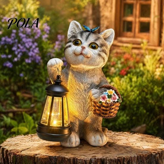 Уличный солнечный садовый светильник Статуэтка кошки, Декор из смолы с полосками, Автоматический светодиодный светильник для украшения балкона, Водонепроницаемое (IP65) украшение для газона, Патио, Подарок для любителей