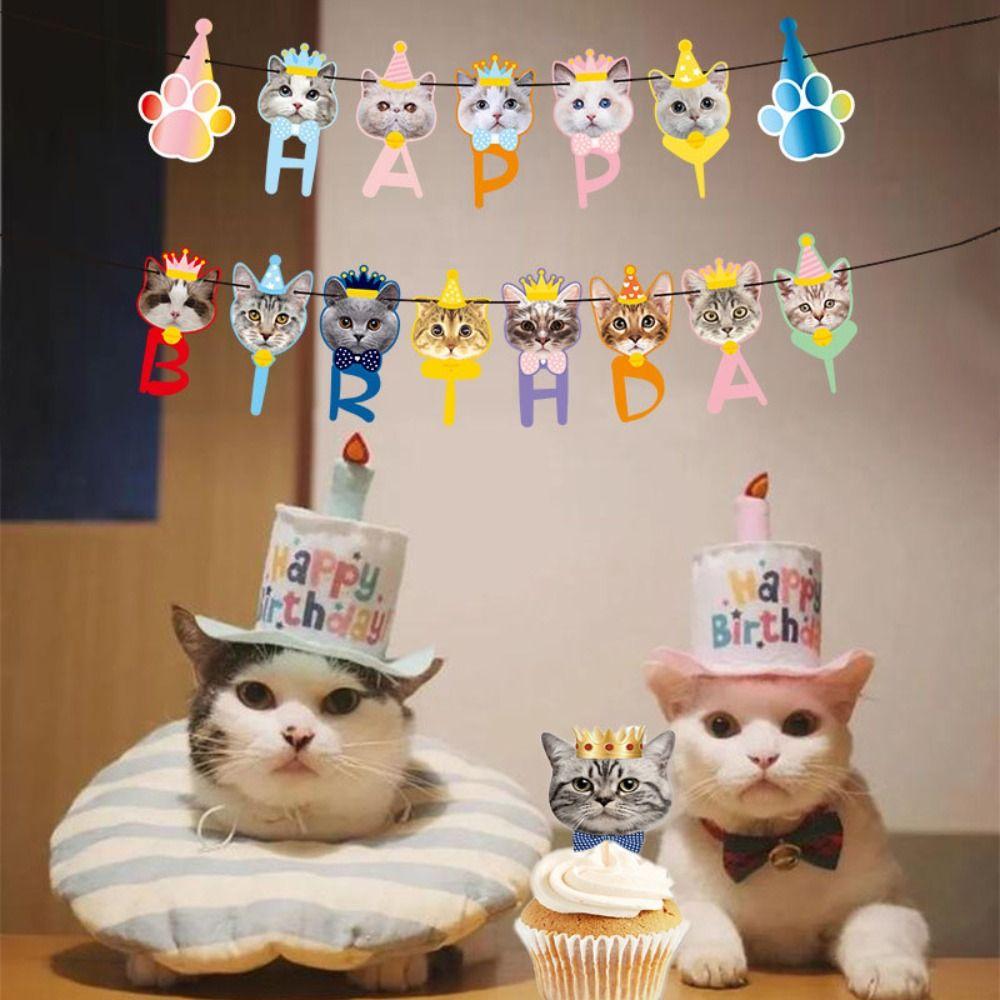 8pcs Disposable Cat Cupcake Toppers Non Toxic Cake Flag Cat Face Insert Card Party Favors