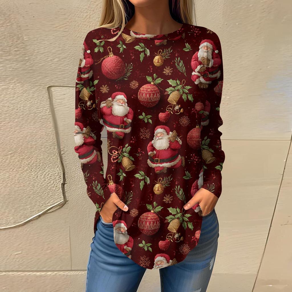 Tee Shirts For Women Casual Round Neck Long Sleeve Shirts Christmas Printing Top Pullover