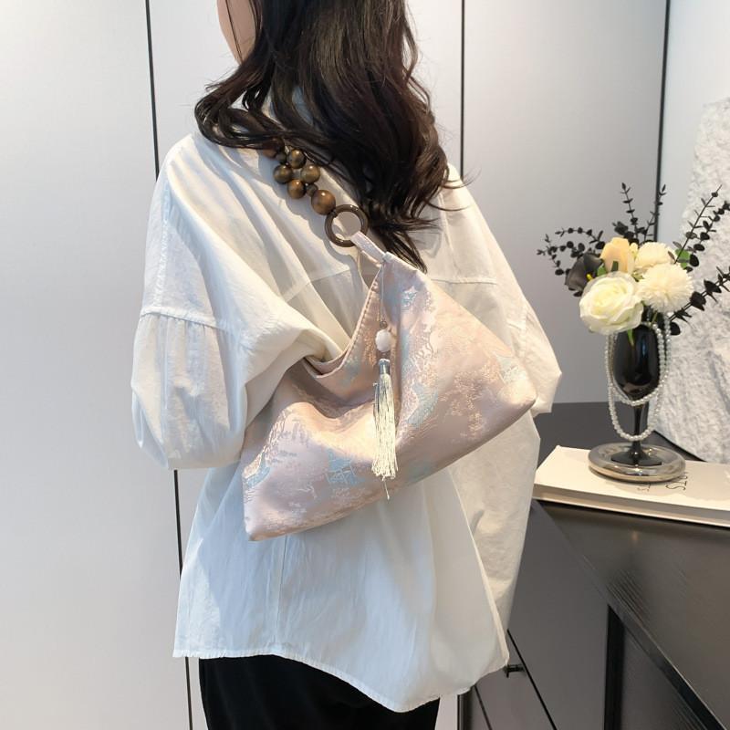 Стильная шелковая жаккардовая сумка-тоут для женщин с элегантным винтажным дизайном в розовом, желтом и белом цветах