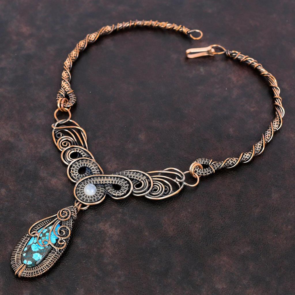 Тибетское бирюзовое ожерелье, ожерелье из медной проволоки, ювелирные изделия ручной работы из драгоценных камней, ожерелье из радужного лунного камня, подарок для мамы, ювелирные изделия из проволочной обмотки