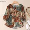 ZANZEA Women Casual O-neck 3/4 Sleeve Loose Print Cotton Blouse