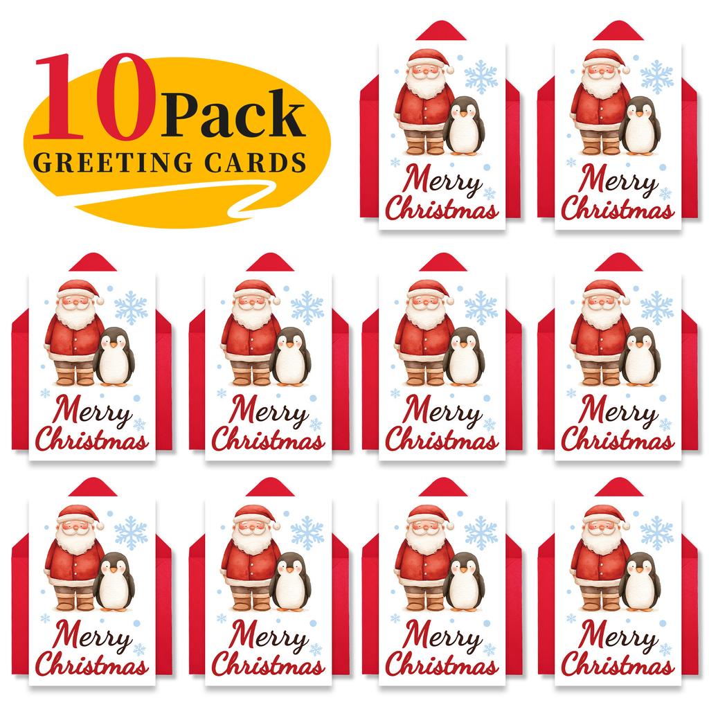 10PCS Christmas Greeting Cards Set with Envelopes, Cartoon Hand-drawn Xmas Cards for Holiday Wishes & Gifts