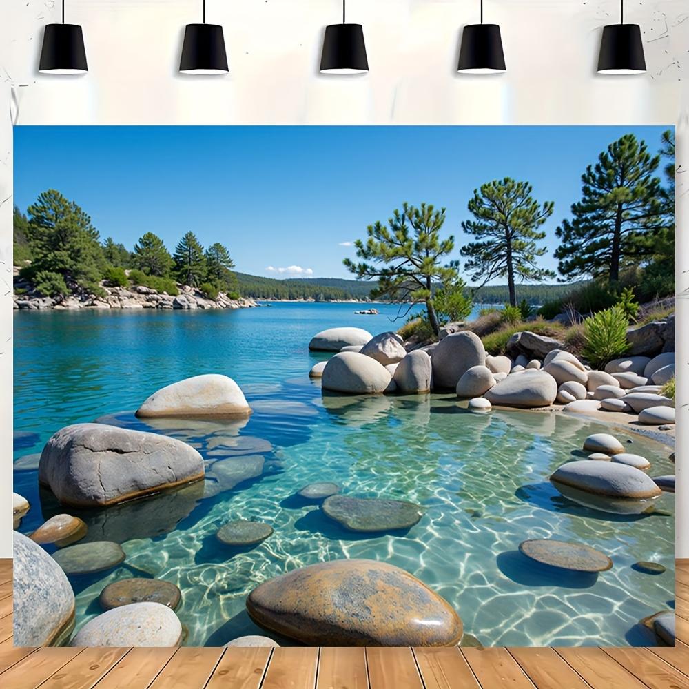 One backdrop, depicting the mountain and lake landscape, showcasing the vivid green forest reflection