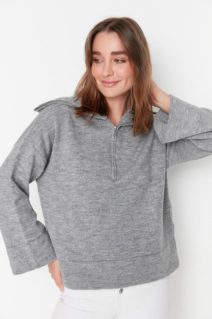 Women's Fashionable Stylish Sweater Stone Wide Fit Soft Textured Zippered Knitwear Sweater