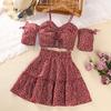 Children's Suit 2023 Summer Suspender Short Sleeve Top + Floral Skirt Girls Suit