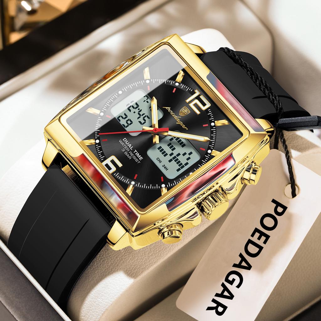 POEDAGAR Luxury Top Man Watch Electronic Square LED Alarm Chronograph Watches Week Date Dual Time Display Quartz Clock