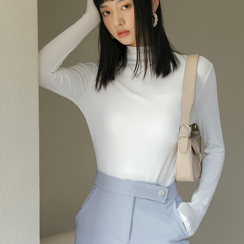 Женский облегающий топ с полувысоким воротником средней высоты и длинными рукавами, базовый слой, обтягивающая однотонная футболка для весны, осени и зимы
