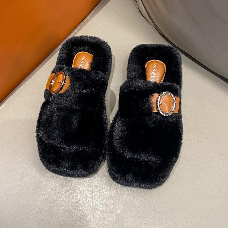 Осенние и зимние тапочки с квадратной головкой из меха, пряжка для ремня, модное утолщение, подчеркивающее внешний вид дома снаружи, теплые тапочки