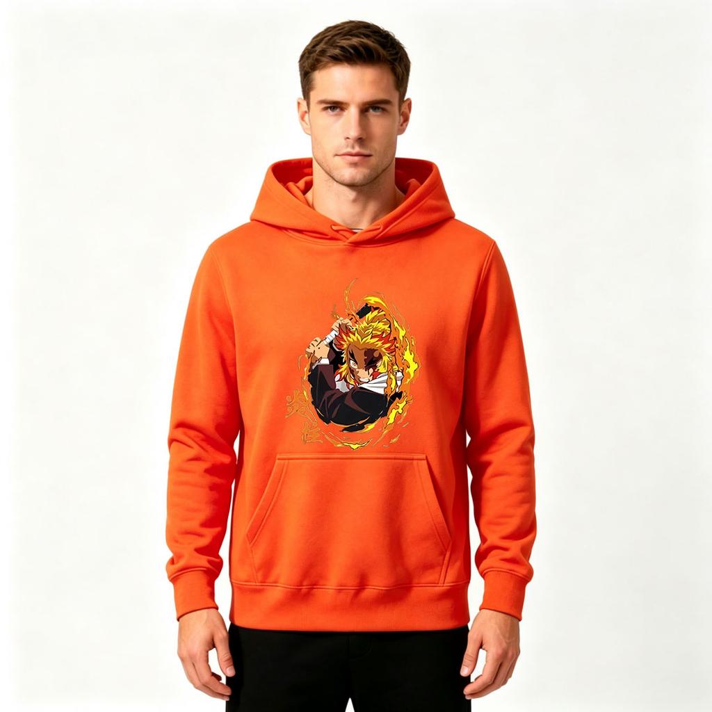 Men Anime Print Pullover Hoodie Casual Flame Character Long Sleeve Sweatshirt