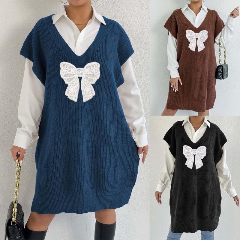 Womens Loose Fit Sleeveless Knit Dress V-Neck Butterfly Embroidery Vest 2025 Winter