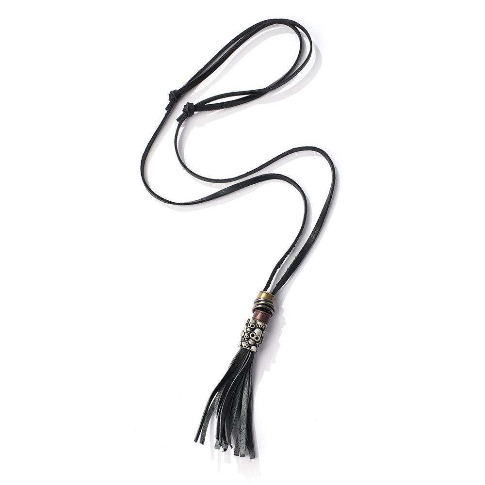 JMXD Vintage Leather Fringe Skull Multi-Strand Long Necklace Punk Rock Statement Charm Fashion Accessory Unisex