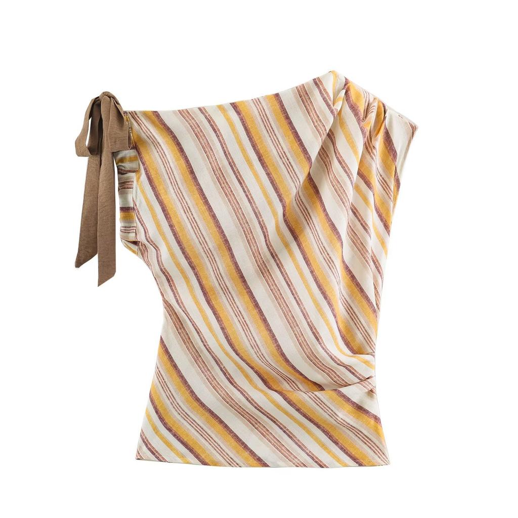 European and American style, wholesale women's clothing, fashionable linen striped top + blended wide-leg pants 7057661