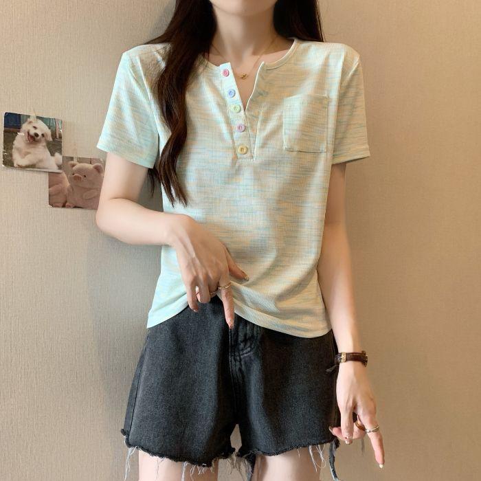 Pink striped color buckle V-neck front shoulder short-sleeved T-shirt women's summer large size fat mm shirt dopamine top