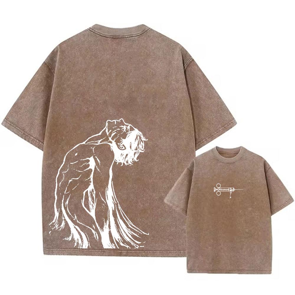 Colored washed T-shirt 2D printed retro Harajuku top with anime attack Titan graphics neutral summer casual cotton loose