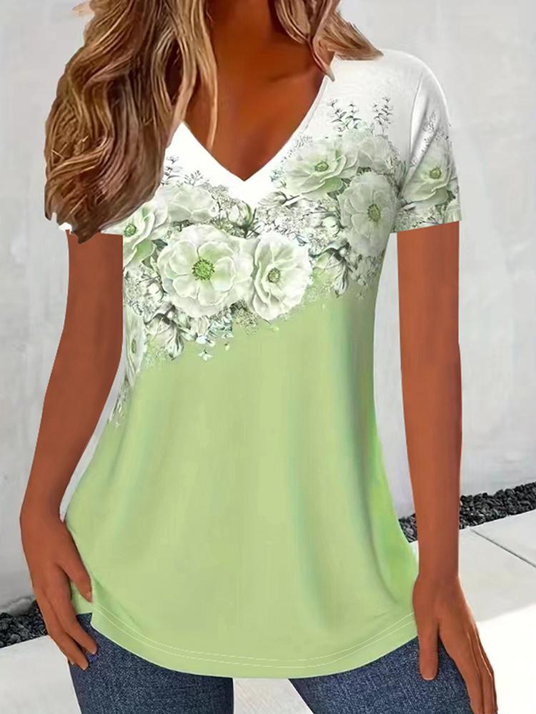 Fashion Women's Short Sleeved Floral Print T-Shirt Top V Neck Color Blocking Casual Commuter TShirt