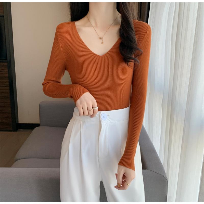 Новый V-образный вырез, облегающий, универсальный, короткий, однотонный, с длинными рукавами, свитер, вязаный снизу, свитер для женщин