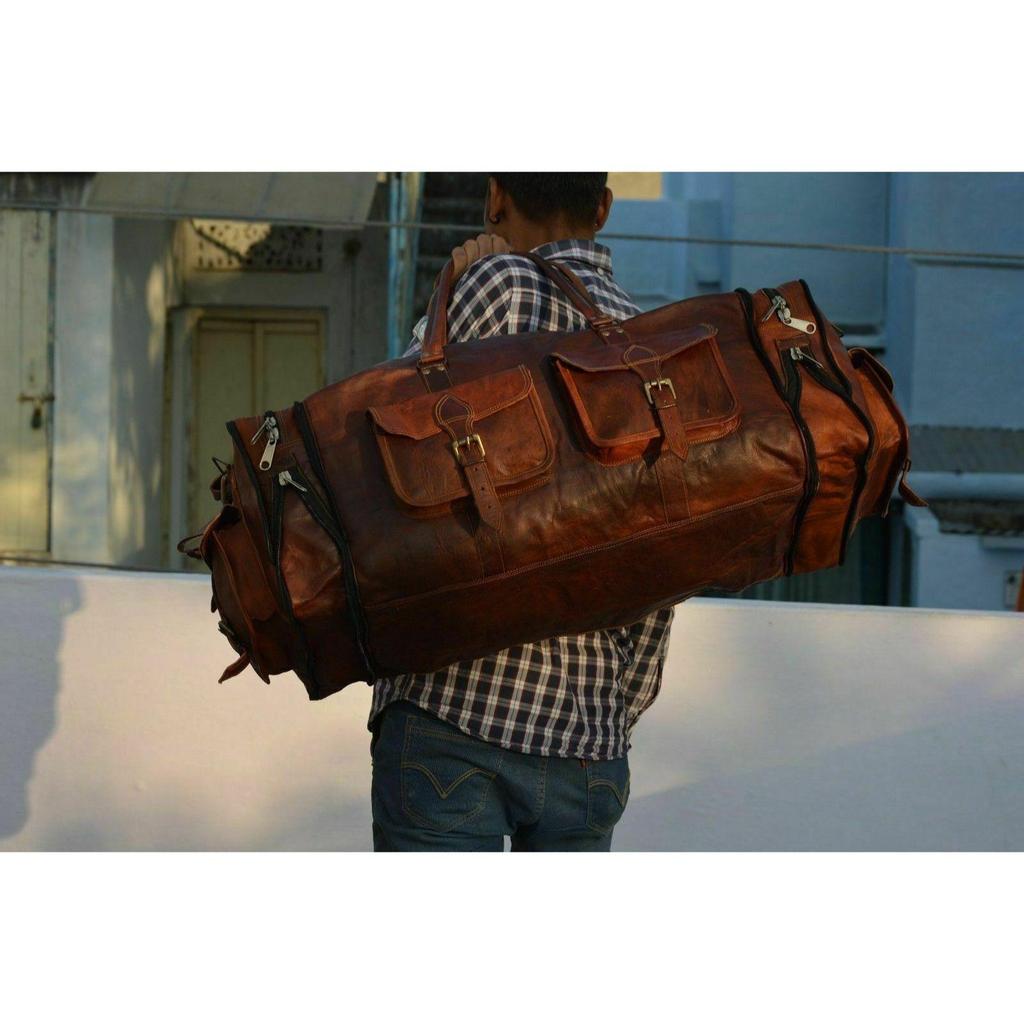 Duffle Men Goat Gym Leather Bag Bag Bag Travel Genuine S Brown Vintage Tote Bag