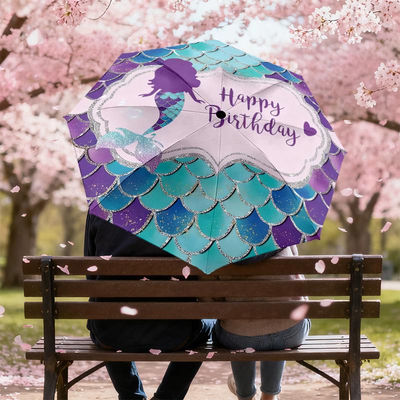 1 шт. Автоматический складной зонт «Счастливого дня рождения» с русалкой, Прочная конструкция с 8 ребрами из железного каркаса, Подходит для путешествий, Ежедневного использования, Дня рождения, Декоративный подарок m0104036