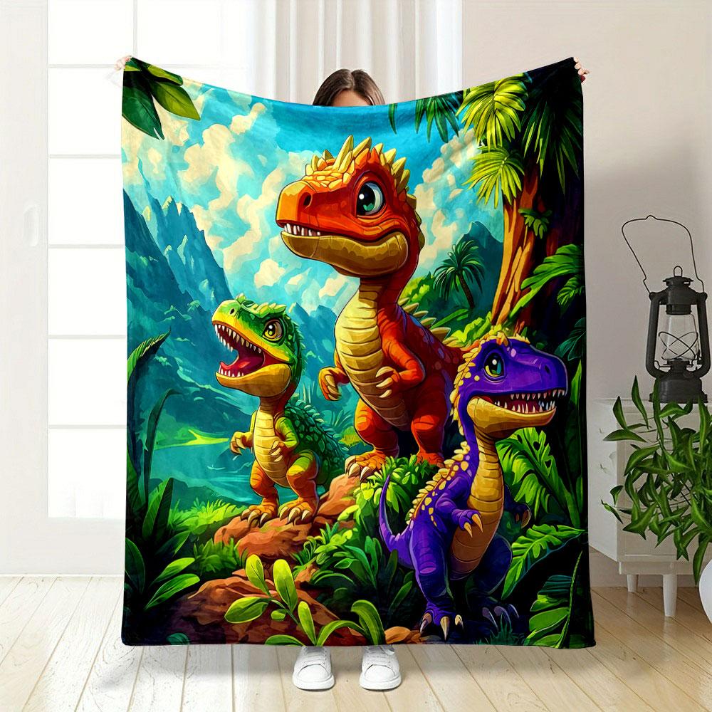 Colorful Cartoon Dinosaurs in Jungle Scene Patterned blanket, flannel, suitable for all seasons, home decor, warm and cozy