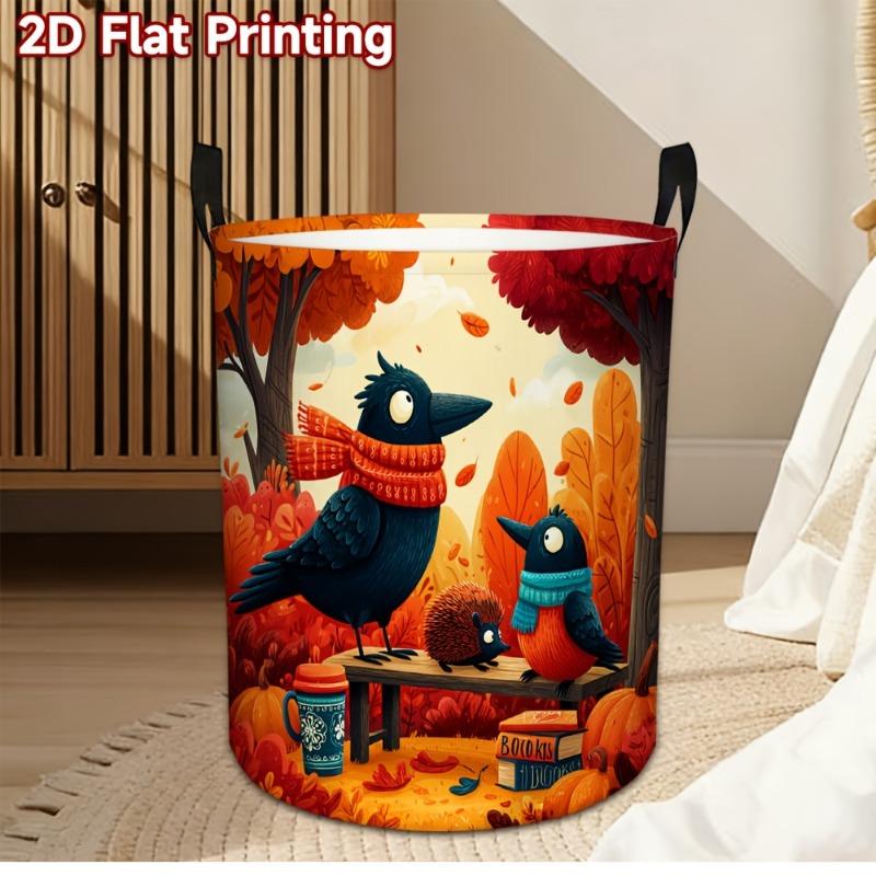 1pc Laundry Basket, Autumn Pattern of Crows And Hedgehogs. Polyester Material, Suitable for Home Clothing And Underwear Storage, Foldable Dirty Clothe