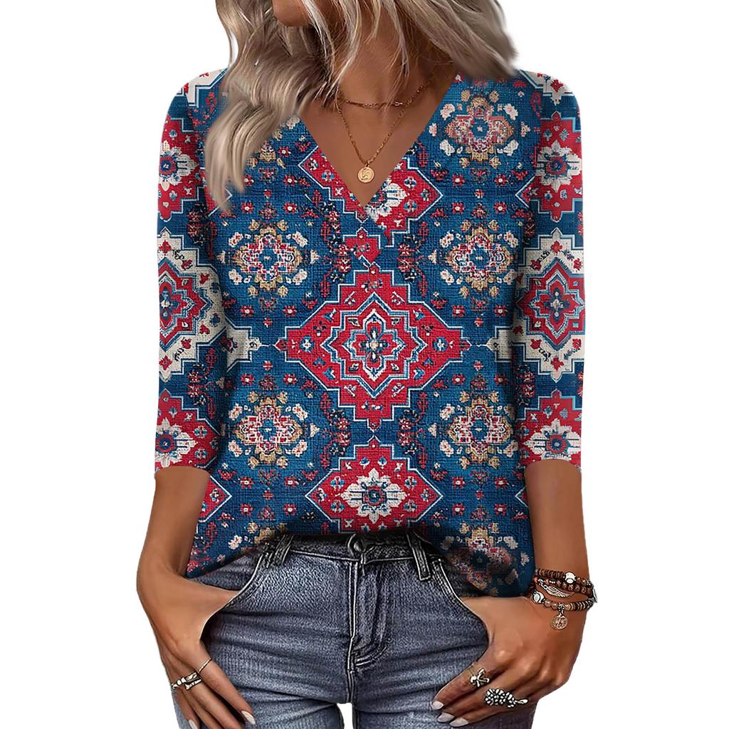 Women's 3/4 Sleeve Shirts V Neck Print Tops Casual Tops Basic Tees Blouse Loose Tops