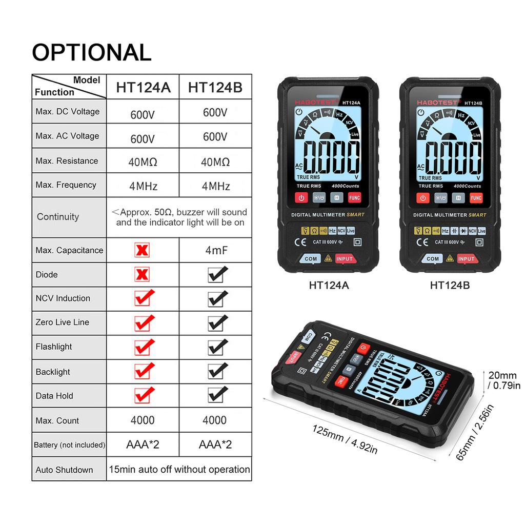 HABOTEST HT124B Умный цифровой мультиметр 4000 отсчетов True   Автоматический выбор диапазона Вольтметр с подсветкой ЖК-экрана 600В AC   Вольтметр Электрический тест