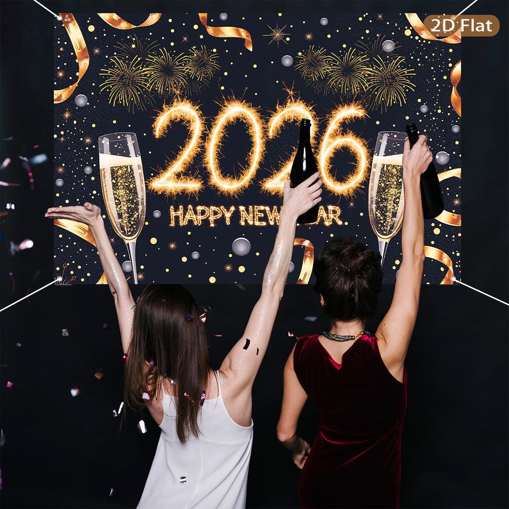 Черно-золотой баннер-фон для Нового года 2026 С Новым годом Украшение для рождественской вечеринки Подарки Новогодние принадлежности для вечеринки