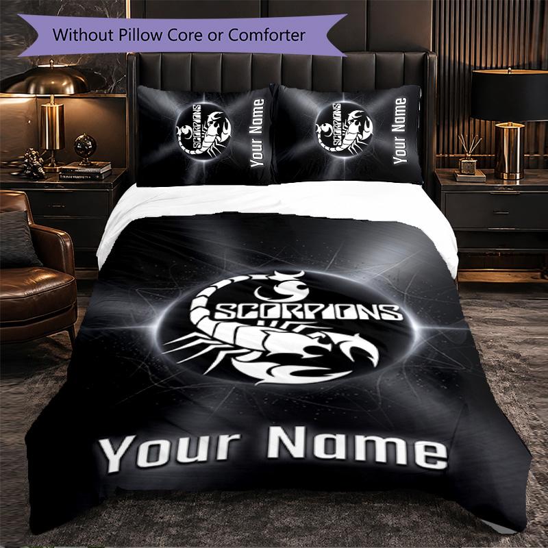 Scorpions Customized Name Text Bedding Set, 1 Duvet Cover & 2 Pillowcases Personalized Bedroom Gift
