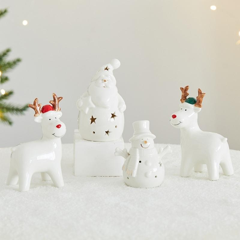 Christmas Themed Ceramic Illuminating Village House Snowman Deer Figurine Decoration For Mantels Shelf Or Window Sill