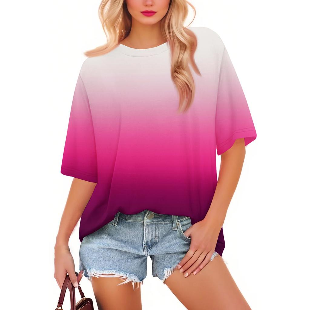 Women's Fashion Casual Gradient Color Loose Round Neck Short Sleeve Trendy Holiday T-shirt Top
