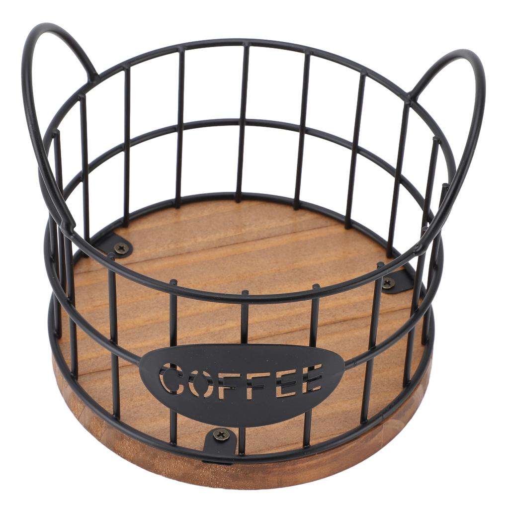 Coffee Pod Basket Round Iron Wire Storage Basket Large Capacity Coffee Capsule Holder with Wooden Ba
