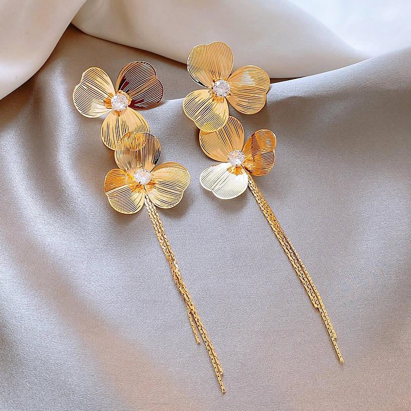 1Pair Exaggerated Unique Metal Flower Tassel Long Drop Earrings For Women Girls Personalized Earrings Daily Accessories Gifts