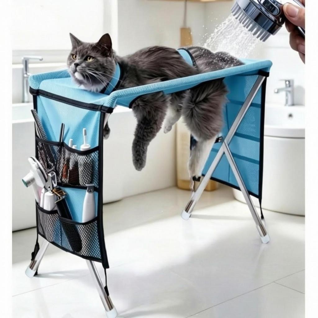 Grooming Sling with Metal Frame Breathable Pet Foldable Bath Stand Stable
