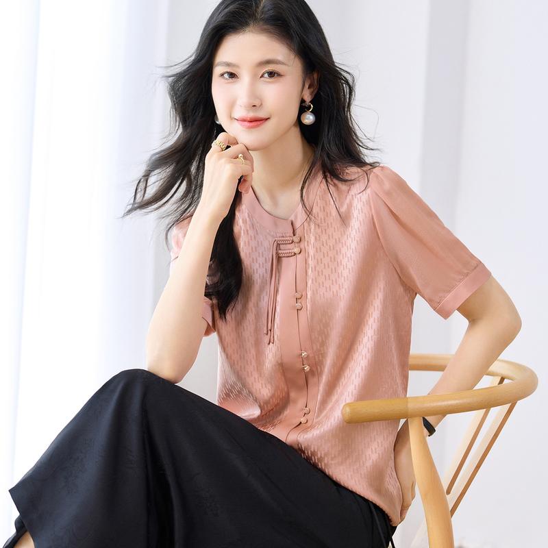 Mulberry Silk Summer Round Neck Solid Color Top Short Sleeve Diamond Grid Jacquard Design Women's T-shirt