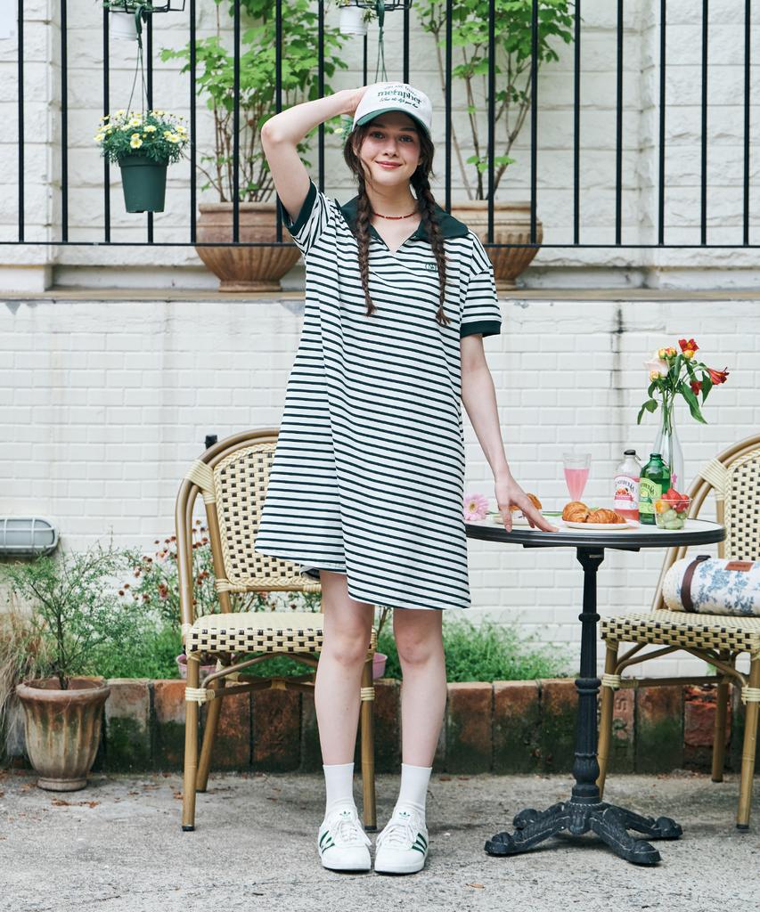 Метапео Ме Летнее платье в полоску с воротником Зеленое